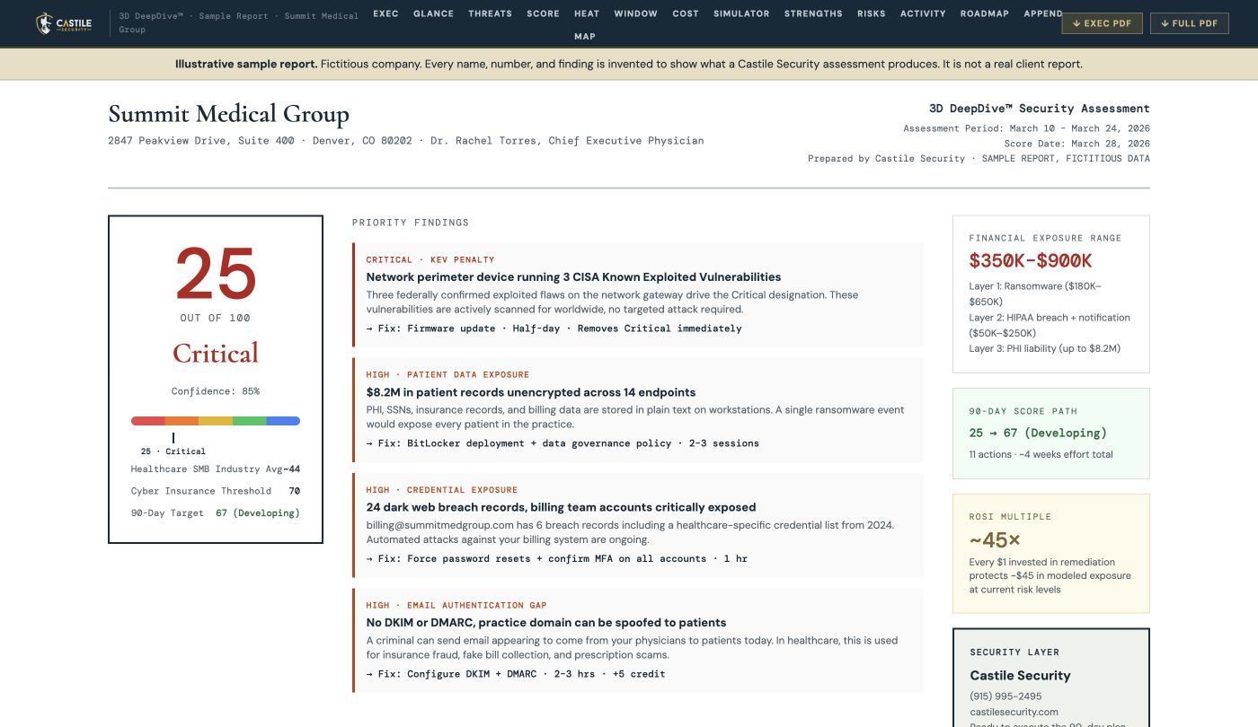 Open the sample 3D DeepDive executive report with a security score, prioritized findings, financial exposure, and a 90-day roadmap